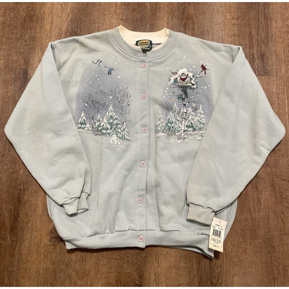 Cabela's Sweaters - Vtg Cabelas For Women Cardigan Sweatshirt Womens L Snow Winter Birds Bunny NOS